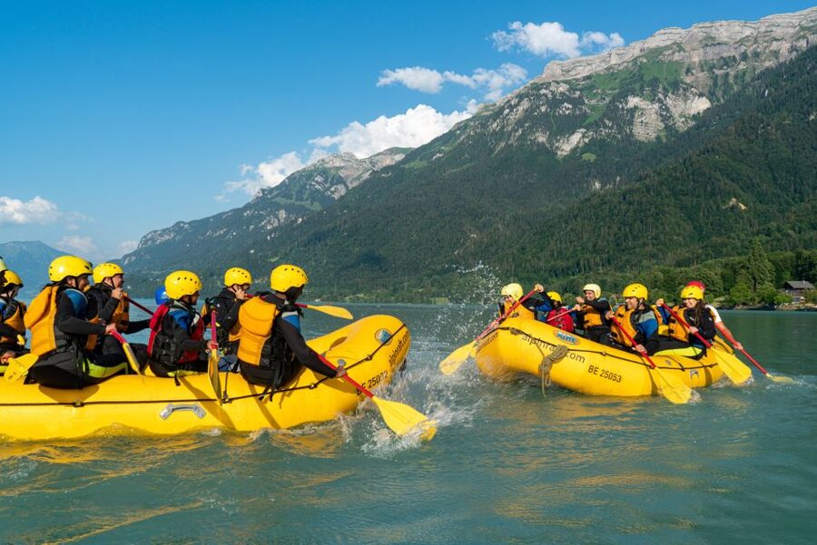 From Interlaken: Family Rafting - Getting fitted with wetsuits, boots, and helmets