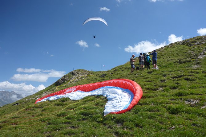 Klosters Tandem Paragliding Flight from Gotschna - Preparing for takeoff above Klosters