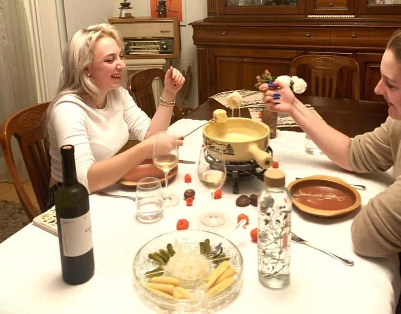 Traditional Swiss Dinner: Cheese Fondue, Appetizers/Dessert - The fondue pot takes center stage
